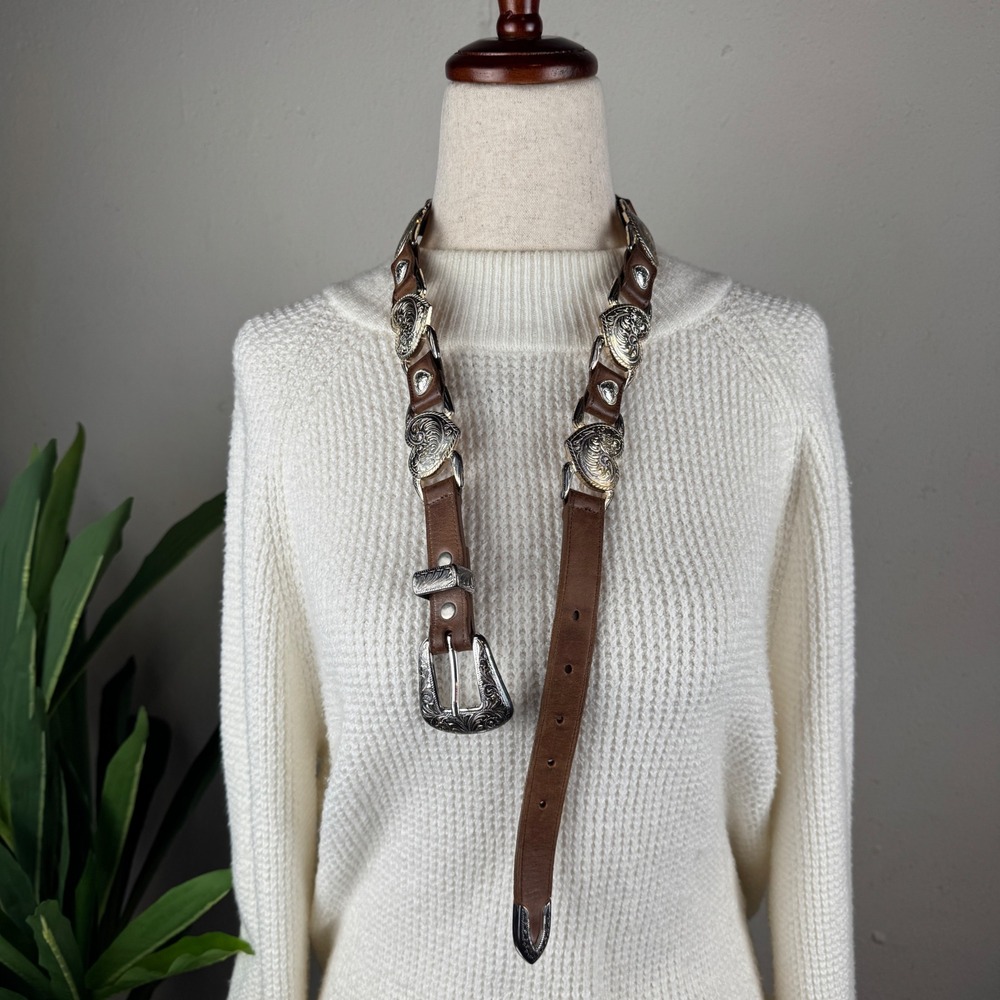Vintage Y2K Festival Bling Belt Women S Brown Western Heart Concho Silver Buckle